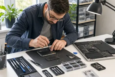 Eine Person repariert in einer Werkstatt ein Smartphone und einen Laptop mit feinem Werkzeug.