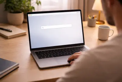 Person an einem modernen Schreibtisch vor einem Laptop mit minimalistischer Browser-Oberfläche und Eingabefeld