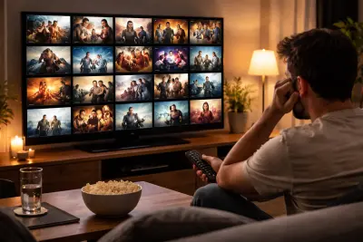 Person auf einem Sofa in einem abgedunkelten Wohnzimmer mit Fernbedienung in der Hand vor einem Fernseher mit Filmauswahl