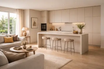 Minimalistische offene Wohnkueche mit ruhigen Fronten und unauffaellig integrierten Geraeten