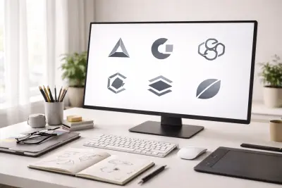 Minimalistischer Designerarbeitsplatz mit Monitor, auf dem einfache geometrische Logoformen zu sehen sind